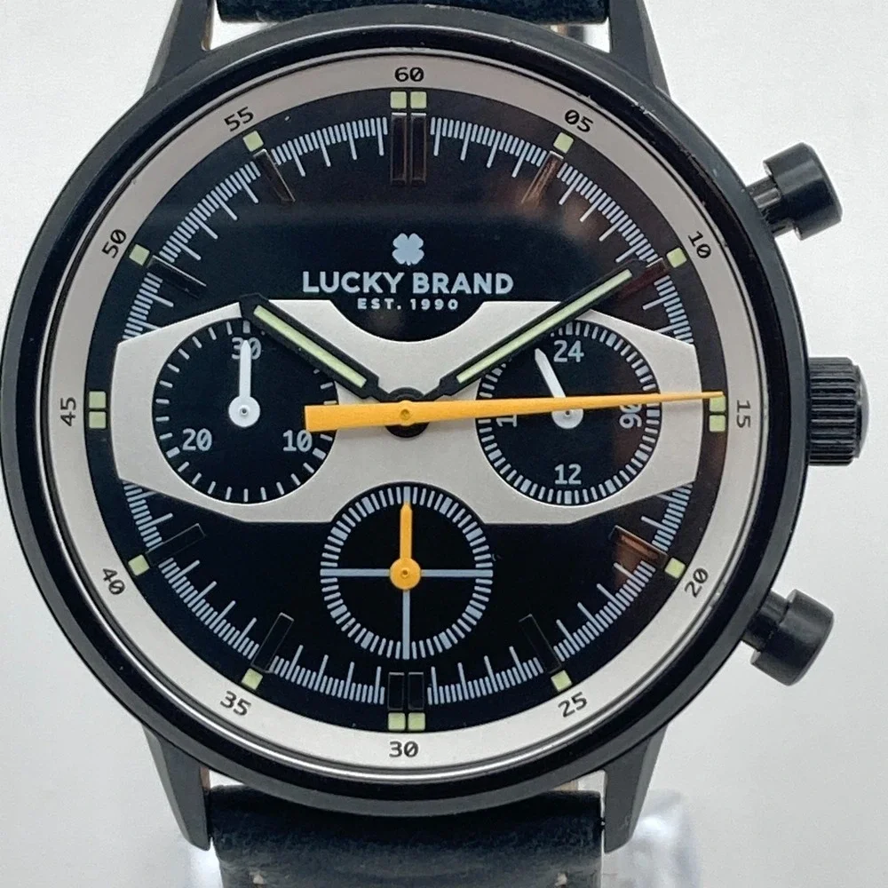 Lucky Brand Mens Watch Chronograph 35mm Black Orange Leather 50M New Battery 9